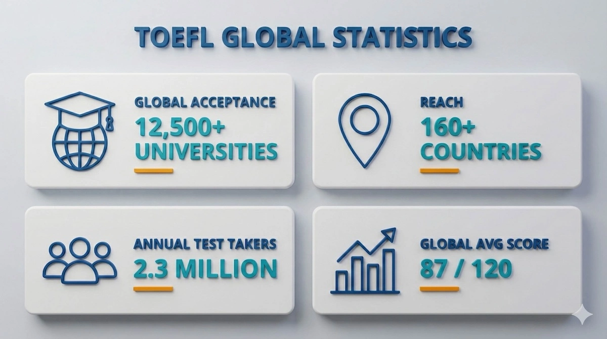 Infographic showing TOEFL statistics: 12,500+ universities accepted, 160+ countries, 2.3 million test takers annually, and global average score of 87.