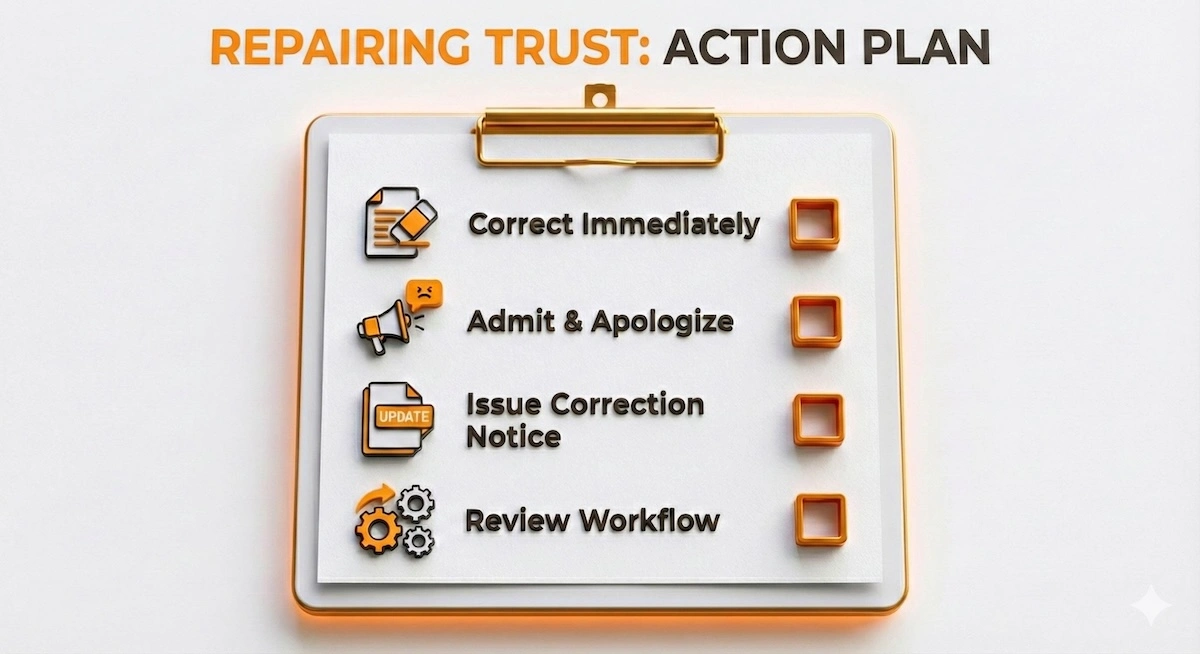 Checklist for repairing trust after a plagiarism slip: Correct Immediately, Admit & Apologize, Issue Correction Notice, and Review Workflow.
