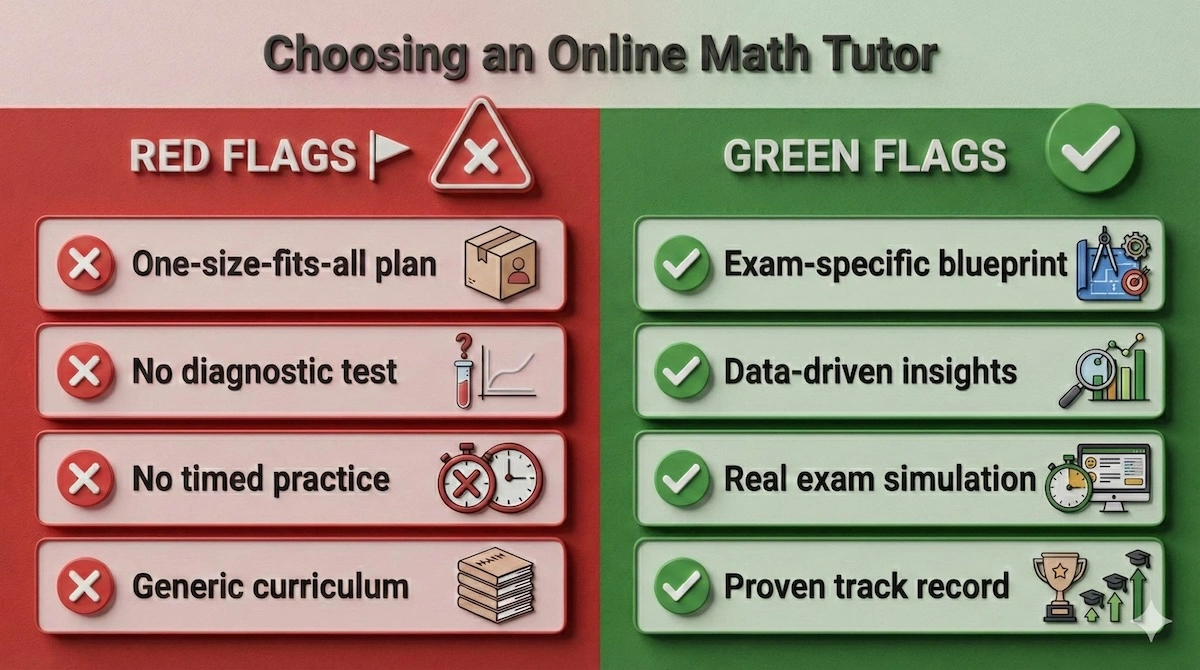 Comparison of red flags like generic plans and green flags like exam-specific blueprints when choosing an online math tutor.