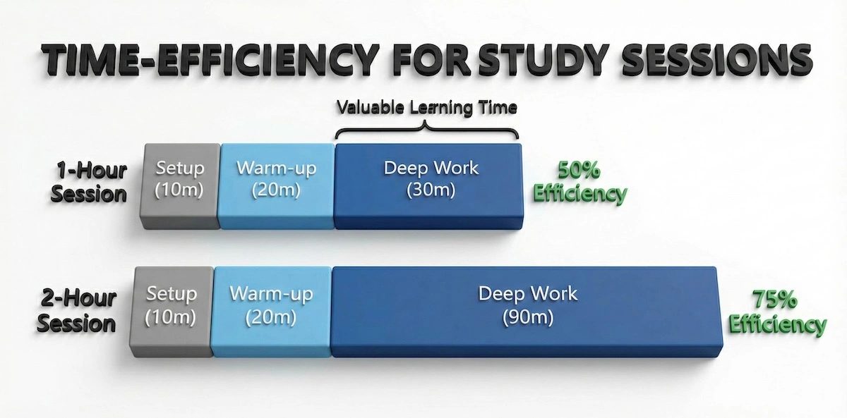 Efficiency chart showing a 2-hour tutoring session provides 90 minutes of deep work (75% efficiency) compared to only 30 minutes (50% efficiency) in a 1-hour session.