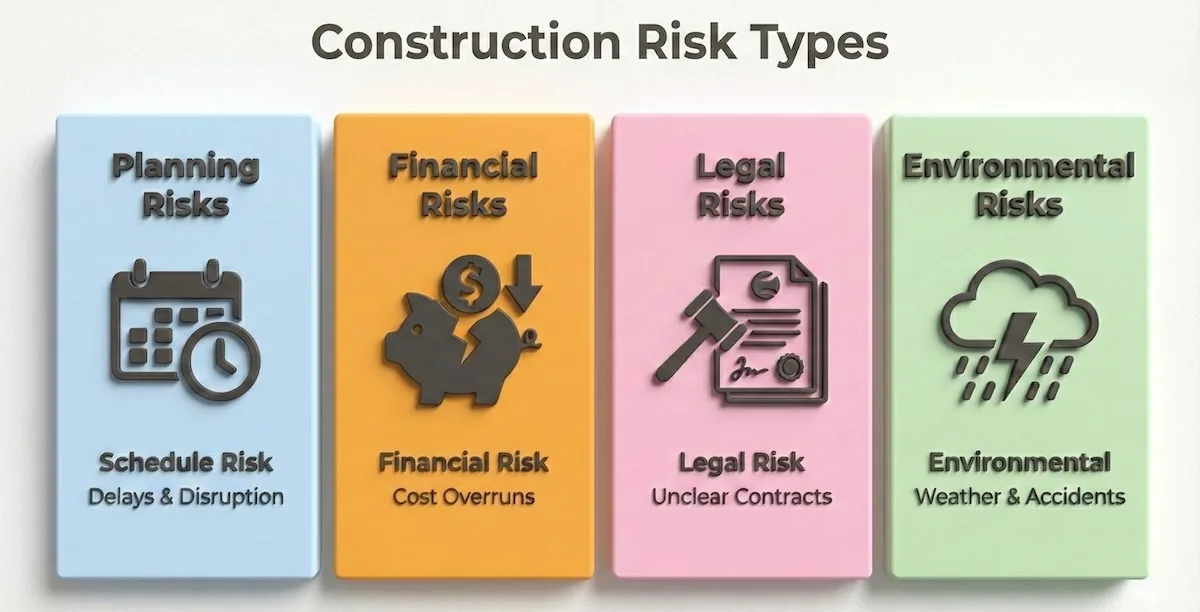 Grid infographic categorizing four major construction risks: Schedule, Financial, Legal, and Environmental risks.