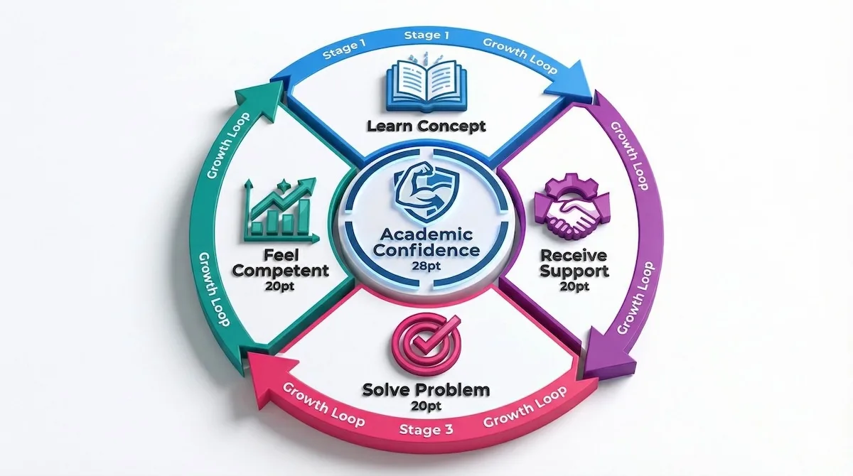 Circular diagram showing the cycle of academic confidence: Learning concepts, receiving support, solving problems, and feeling competent.