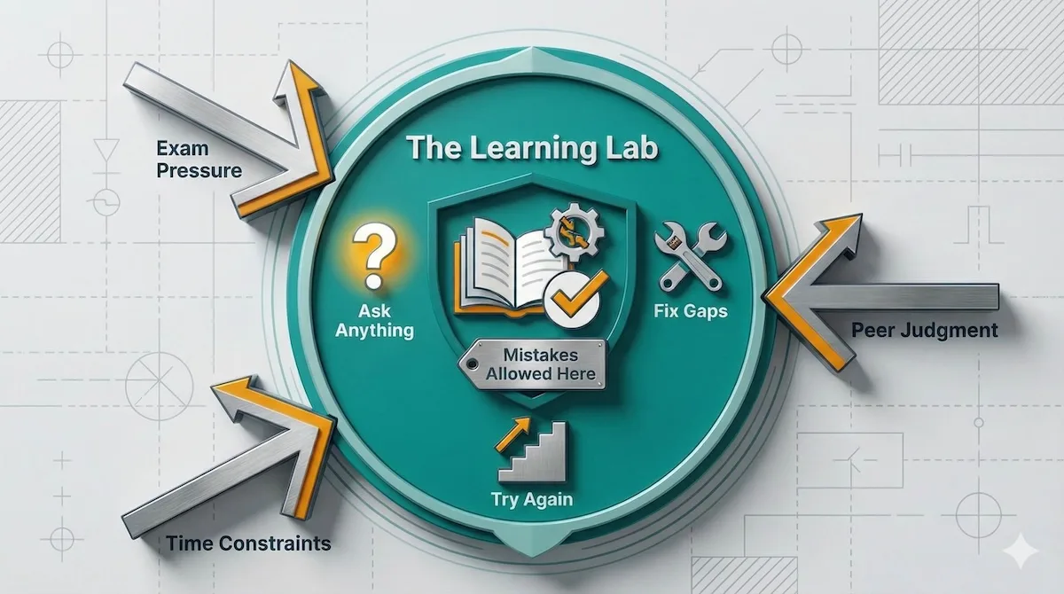 Diagram illustrating the psychological safety of tutoring, showing a protected learning zone shielding students from exam pressure and peer judgment.