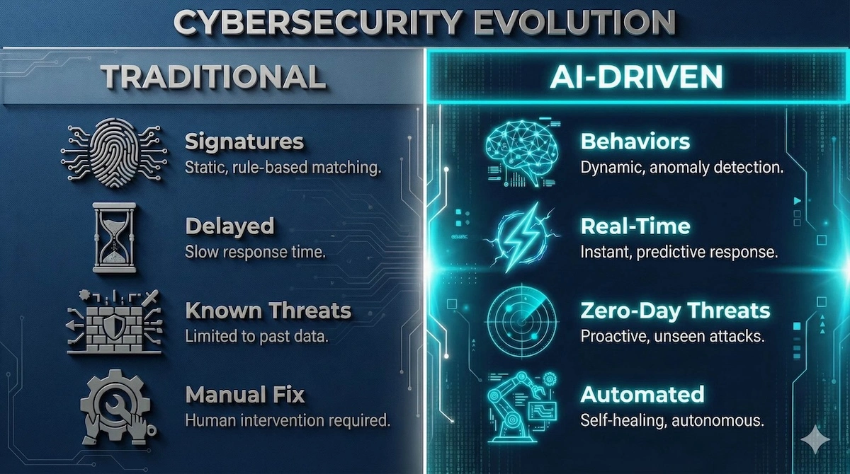 Comparison table showing Traditional Security vs AI Cybersecurity: Signatures vs Behaviors, Delayed vs Real-Time, Known Threats vs Zero-Day attacks.