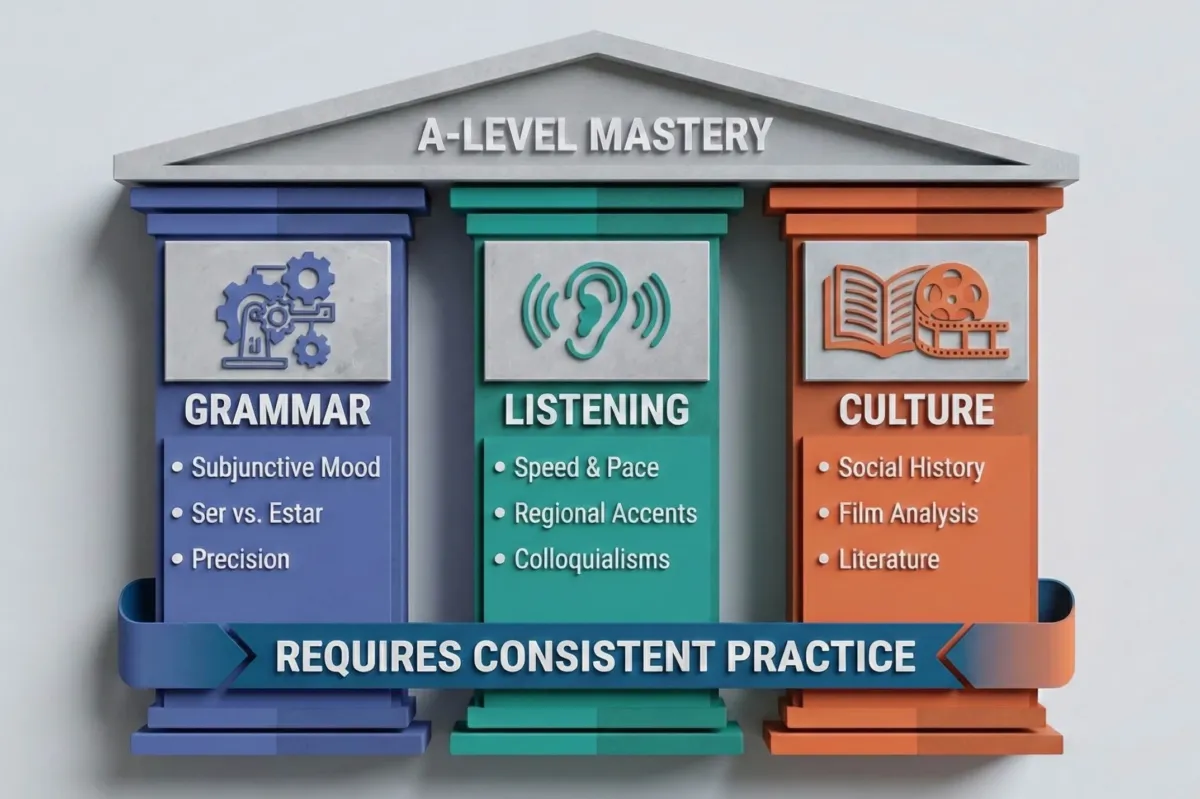Infographic showing the three main hurdles in A-Level Portuguese: complex grammar like the subjunctive, listening to diverse accents, and understanding cultural context.
