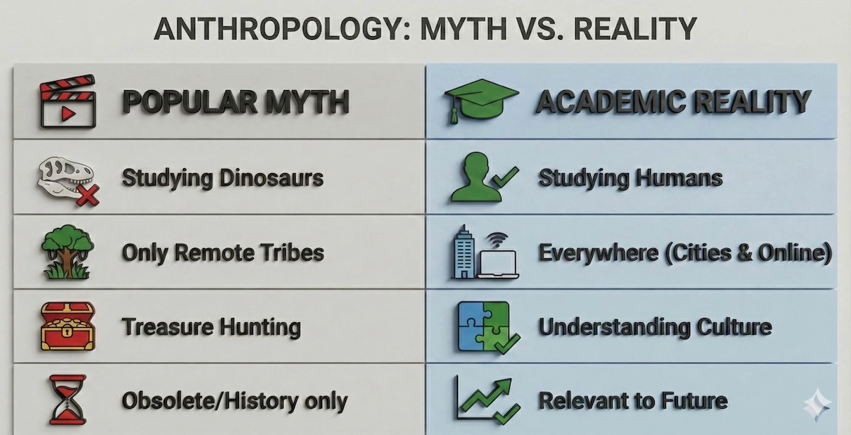Comparison table contrasting anthropology myths like dinosaur study with realities like analyzing human culture and modern society.