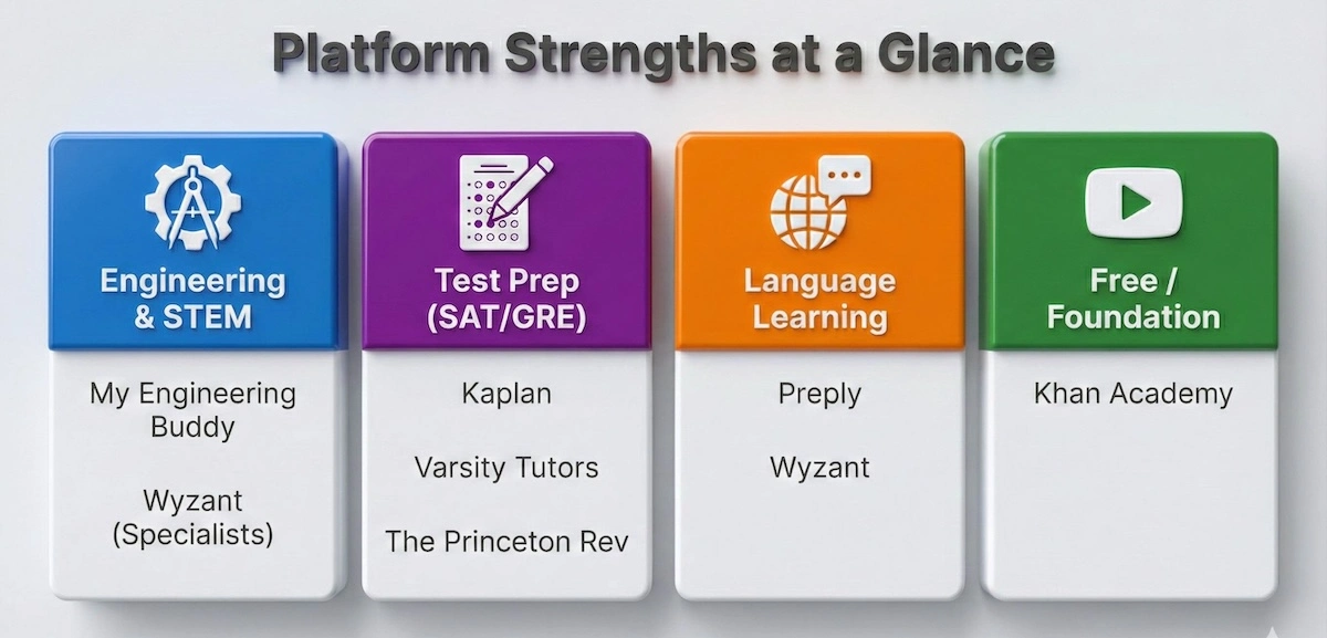 Chart categorizing tutoring websites into Engineering & STEM, Test Prep, Language Learning, and Free Foundations.