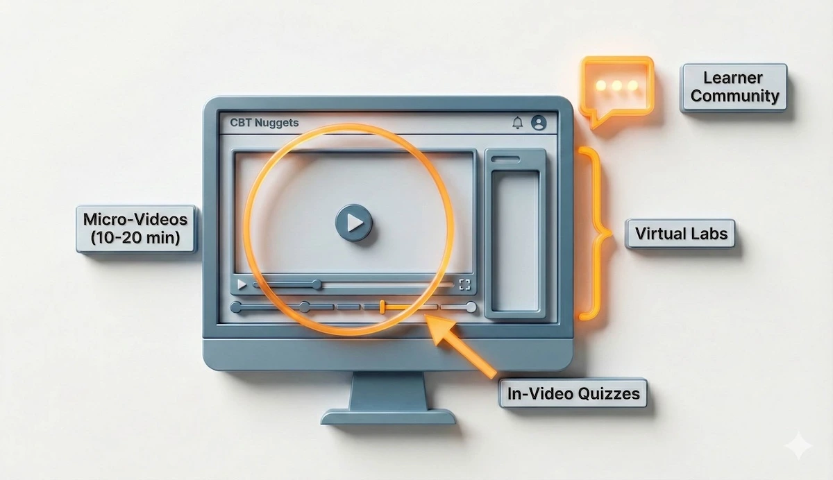 Diagram showing the components of a CBT Nuggets course interface including micro-videos, virtual labs, quizzes, and community access.