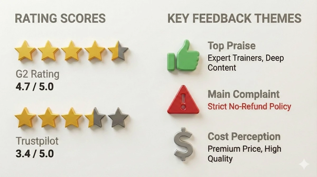 User sentiment dashboard showing CBT Nuggets ratings from G2 (4.7/5) and Trustpilot (3.4/5) with pros like expert trainers and cons like no refunds.