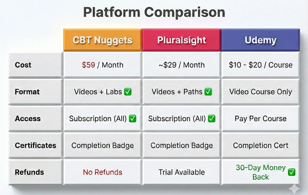 Comparison table of CBT Nuggets vs Pluralsight vs Udemy showing differences in price ($59 vs $29 vs $10), access models, and refund policies.