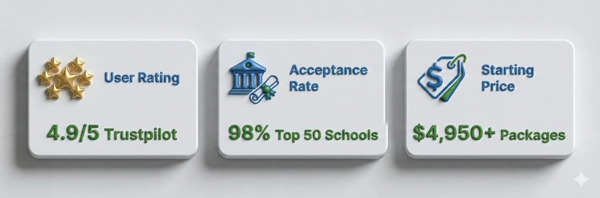 Summary infographic showing College Essay Guy stats: 4.9/5 Trustpilot rating, 98% acceptance rate to top 50 schools, and pricing starting at $4,950.