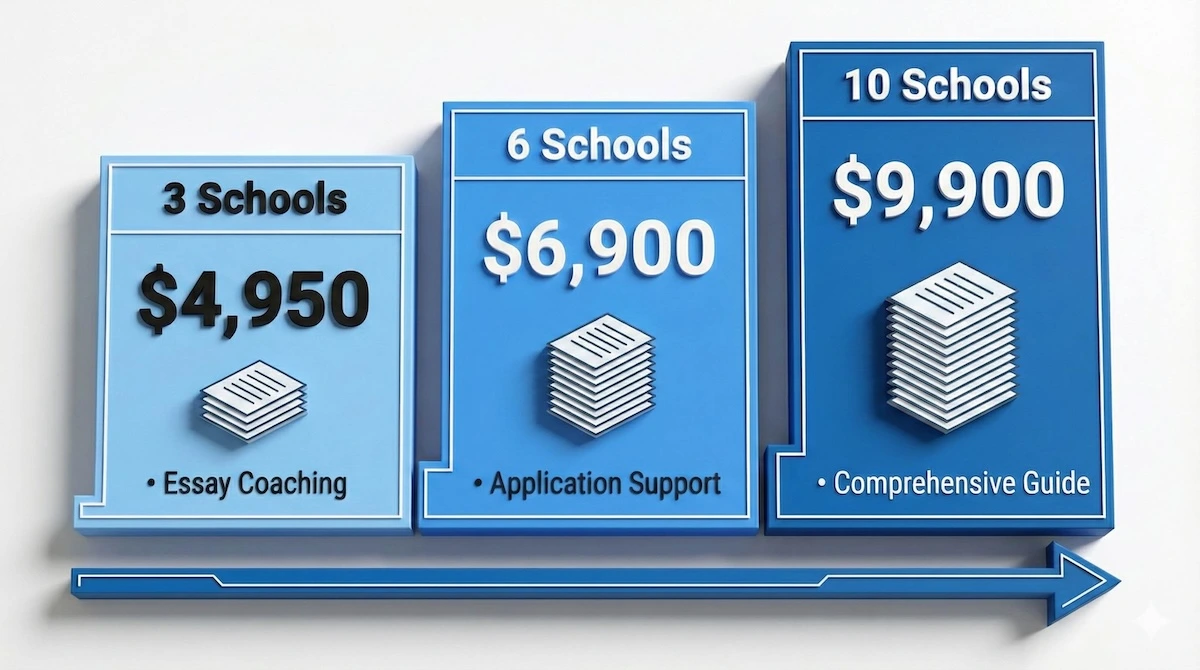 Pricing chart for College Essay Guy packages in 2025: 3 Schools for $4,950, 6 Schools for $6,900, and 10 Schools for $9,900.