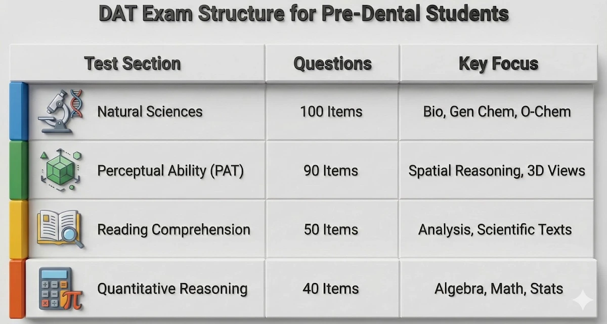 Comparison table of the 4 DAT exam sections: Natural Sciences (100 questions), Perceptual Ability (90 questions), Reading Comprehension (50 questions), and Quantitative Reasoning (40 questions).