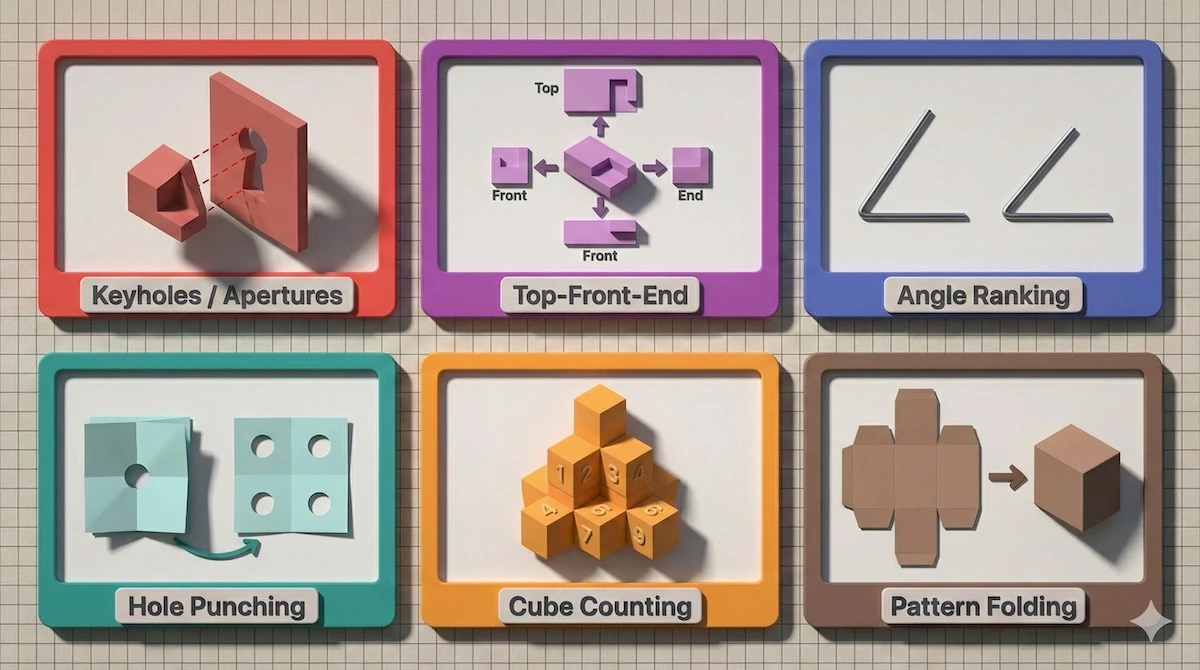 Visual guide to the 6 DAT Perceptual Ability Test (PAT) sections: Keyholes, Top-Front-End Visualization, Angle Ranking, Hole Punching, Cube Counting, and Pattern Folding.