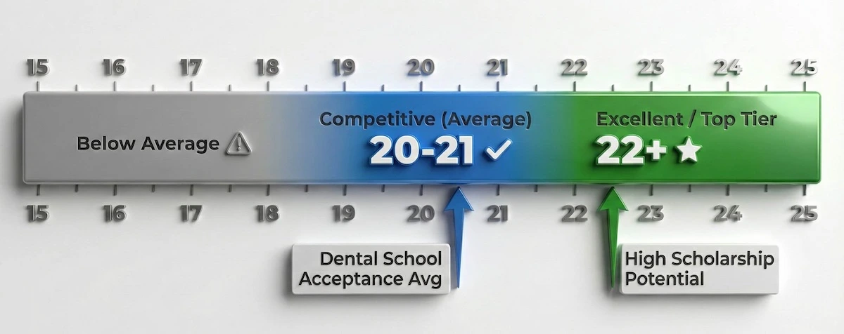 DAT scoring chart showing ranges: 19-21 is Competitive (Average acceptance score), and 22+ is considered Excellent or Top Tier.