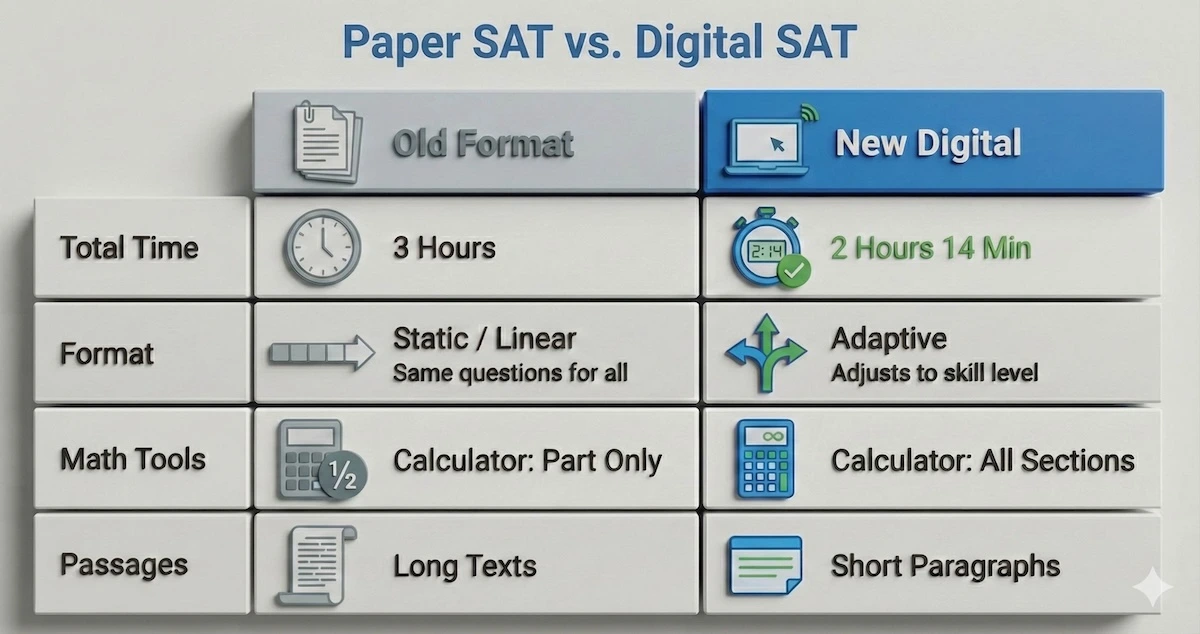 Comparison table showing differences between old paper SAT and new digital SAT including time, adaptive format, and calculator use.
