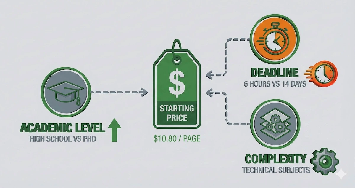DoMyEssay pricing structure infographic showing starting cost of $10.80 per page, influenced by academic level, deadline urgency, and subject complexity.