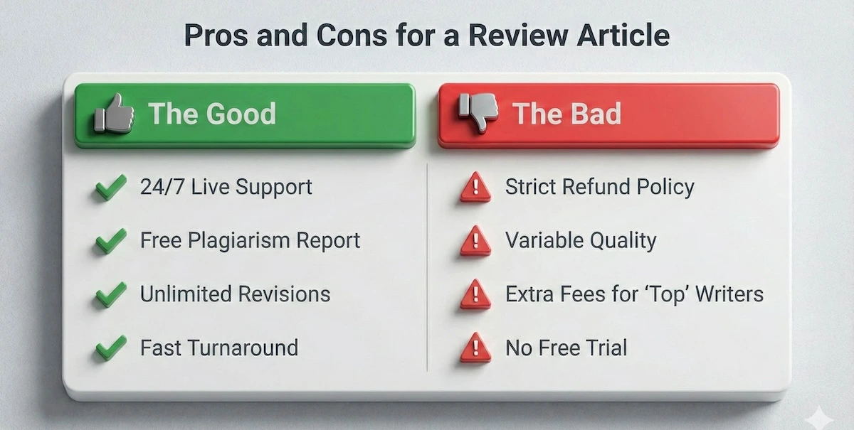 Pros and cons of DoMyEssay: Pros include 24/7 support and free plagiarism reports; Cons include strict refunds and variable writer quality.