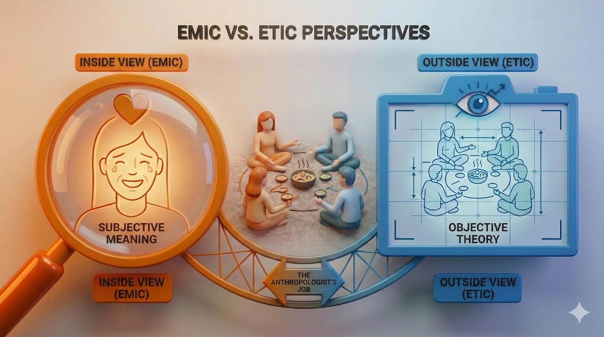 Illustration showing the difference between Emic (inside/subjective) and Etic (outside/objective) anthropological perspectives.