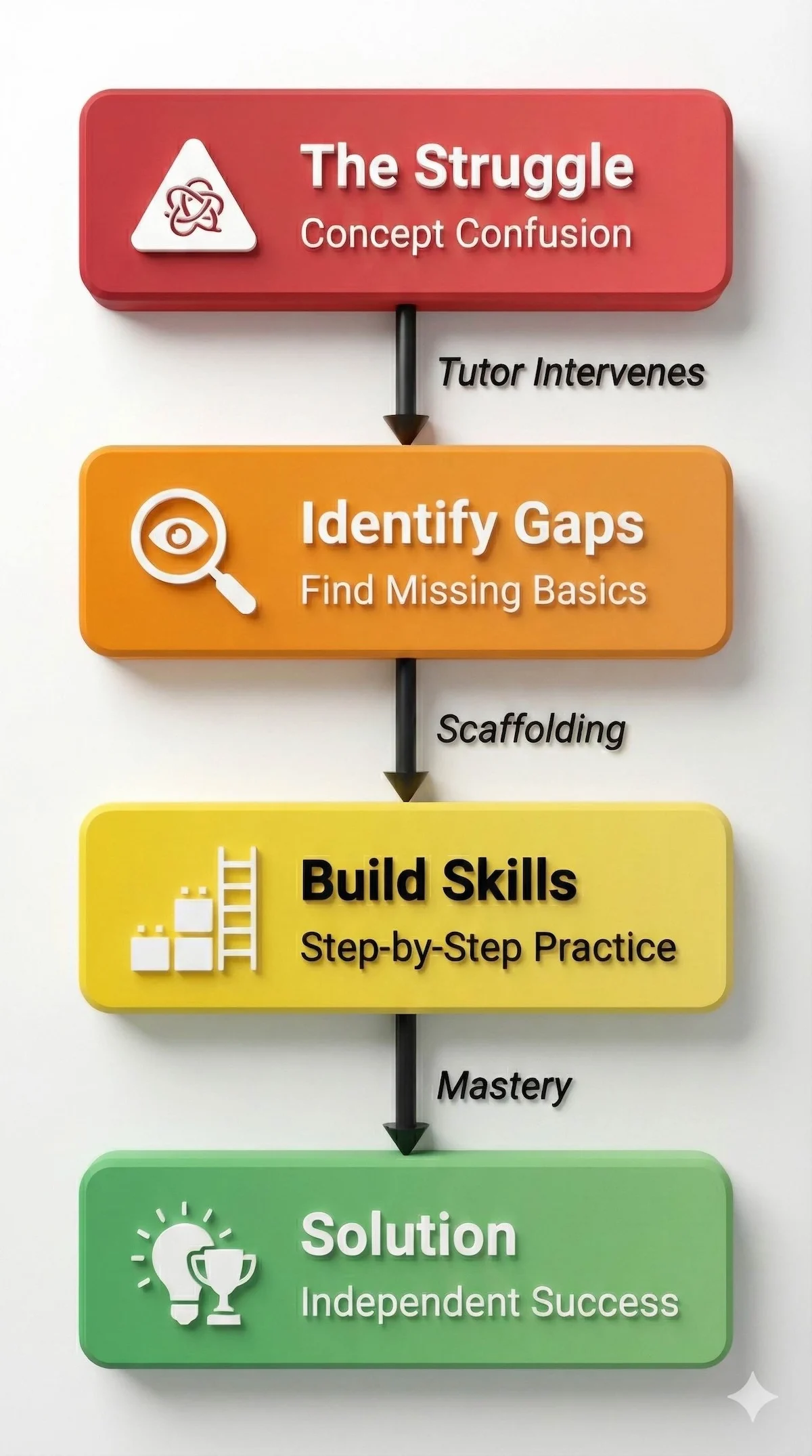 Flowchart showing the scaffolding process in tutoring: moving from concept confusion to identifying gaps, building skills, and achieving independent success.