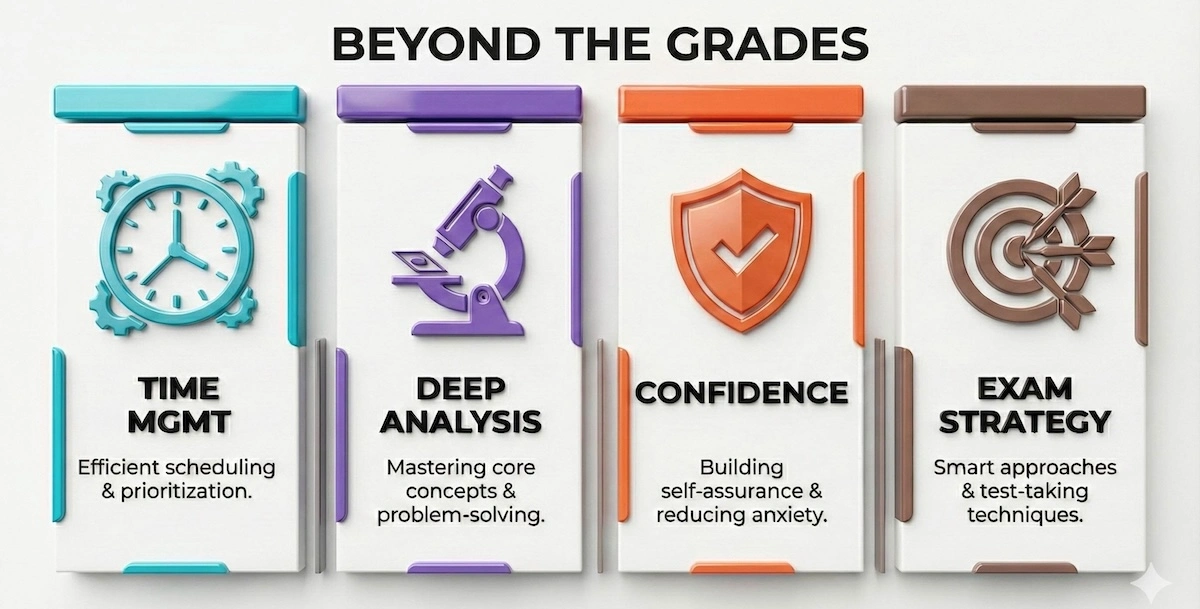 Infographic highlighting four key benefits of expert engineering tutoring: Time Management, Deep Analysis, Confidence, and Exam Strategy.