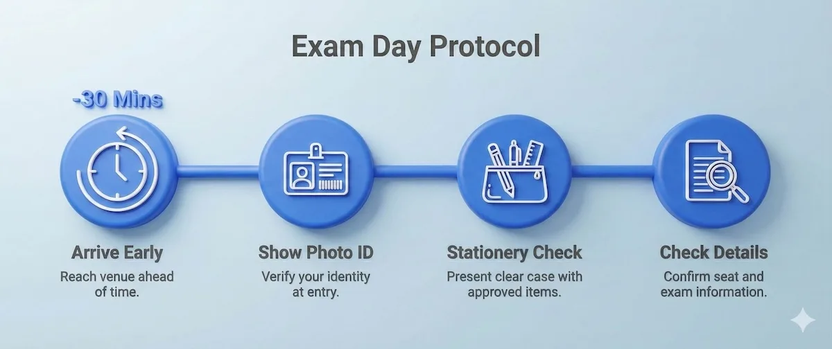 Exam day procedure timeline for UK private candidates from arrival to submission