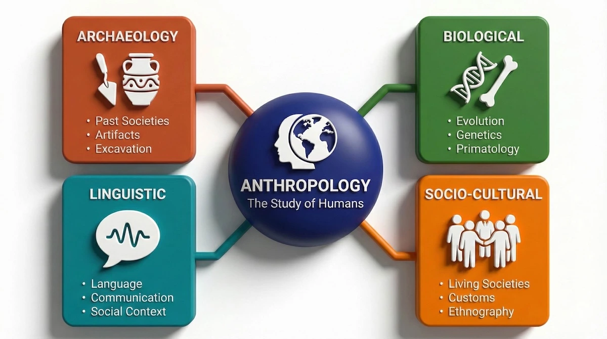 Concept map illustrating the four fields of anthropology: Archaeology, Biological, Linguistic, and Socio-cultural anthropology with key icons.