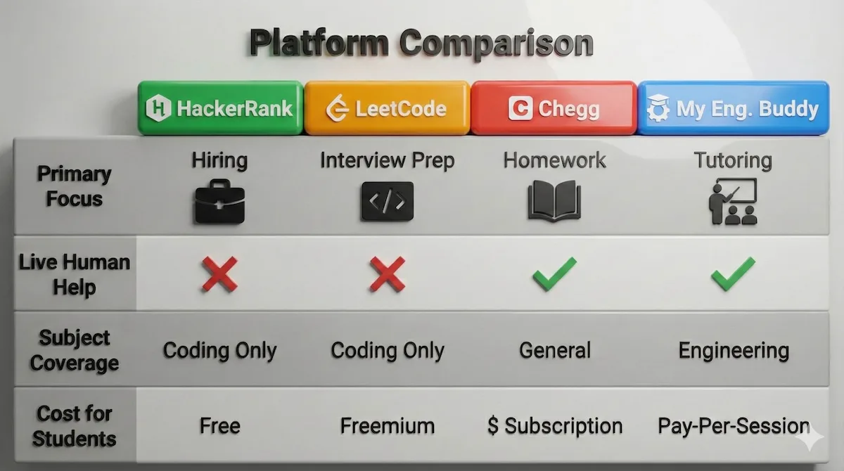 Comparison table of HackerRank, LeetCode, Chegg, and My Engineering Buddy showing differences in primary focus, live human help availability, and cost.