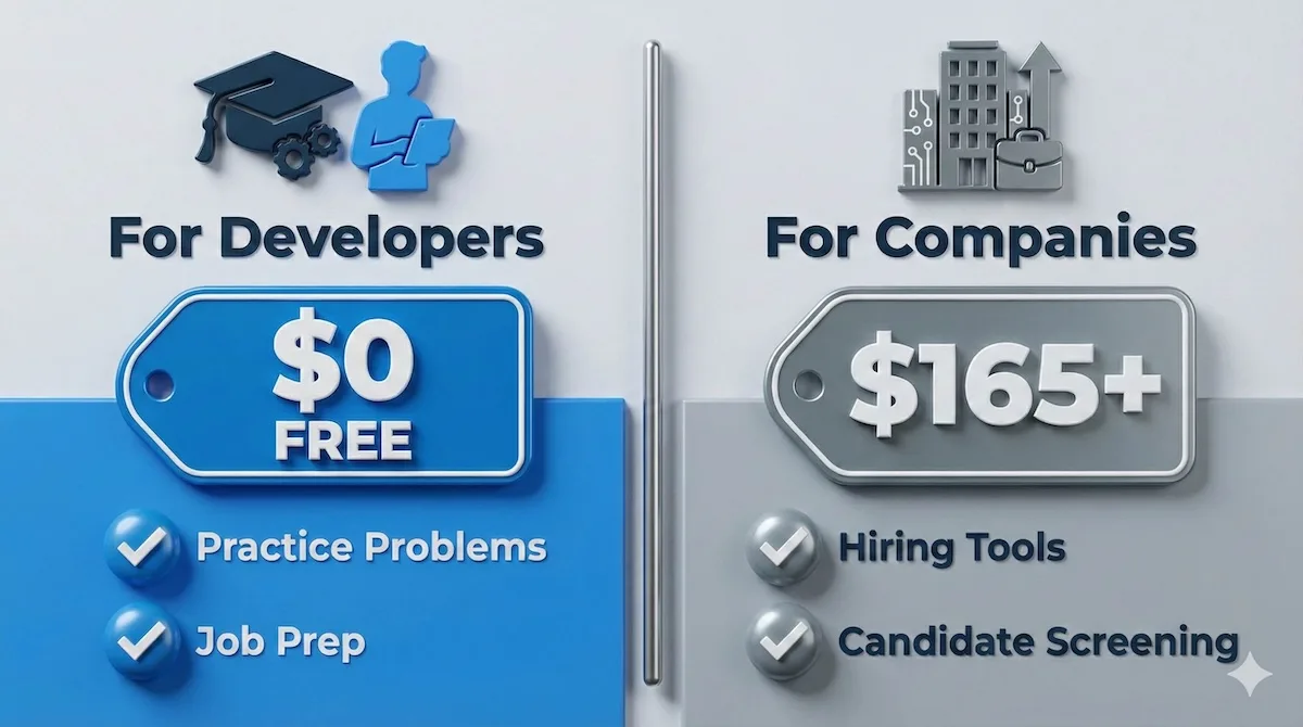 Split infographic showing HackerRank pricing: Free for developers/students (practice, prep) versus $165+/month for companies (hiring tools, screening).