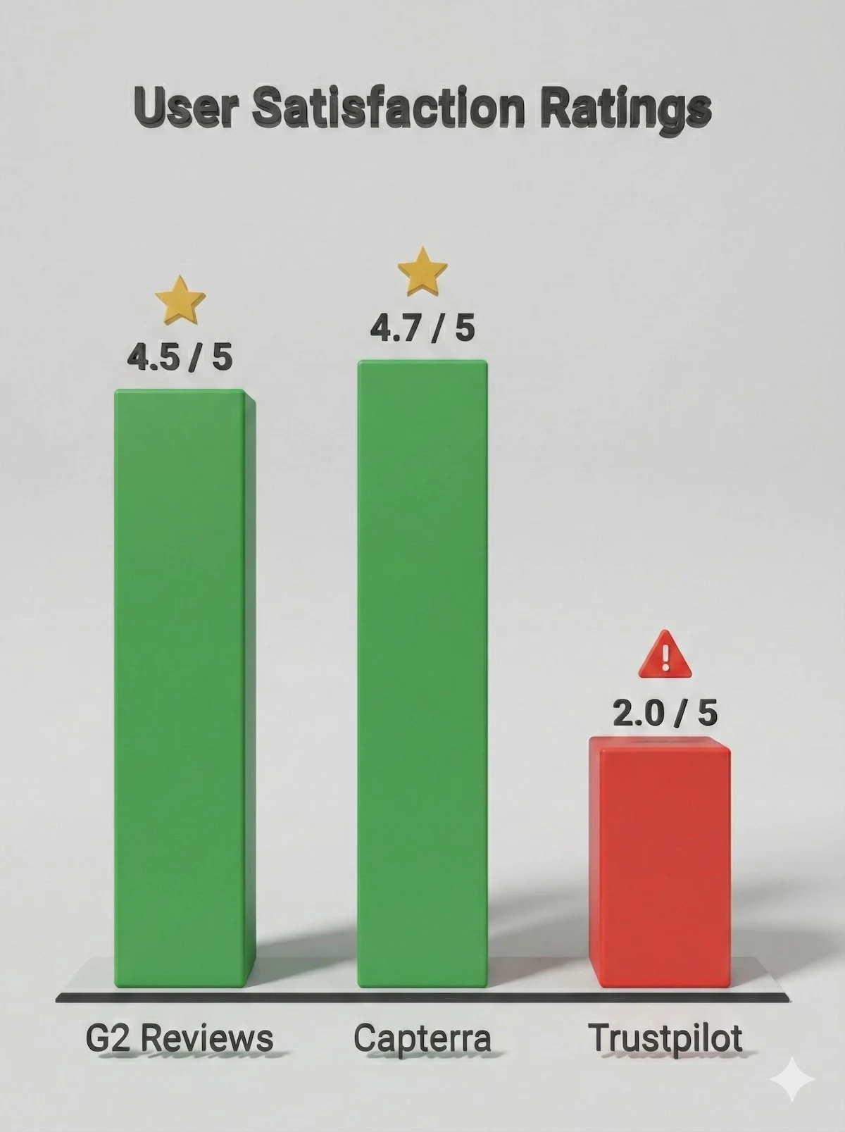 Bar chart showing HackerRank user ratings: G2 (4.5/5) and Capterra (4.7/5) are high, while Trustpilot scores are significantly lower (2.0/5).