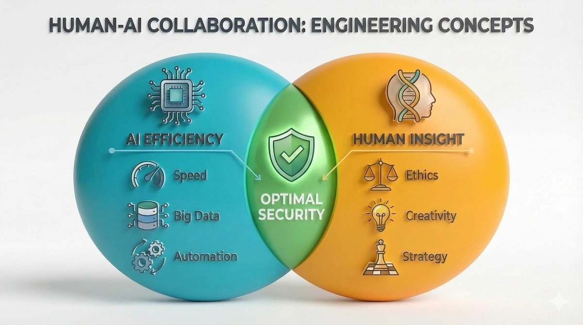 Venn diagram illustrating Human-AI collaboration in cybersecurity: AI provides speed and automation, Humans provide ethics and strategy, creating Optimal Security.