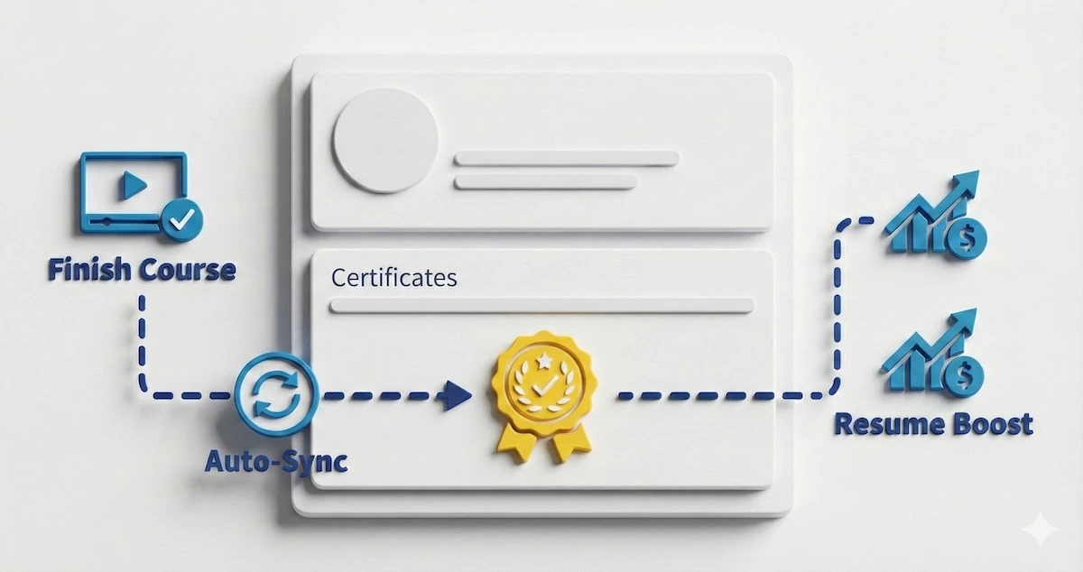 Illustration showing how completing a LinkedIn Learning course automatically adds a certificate badge to your professional LinkedIn profile.