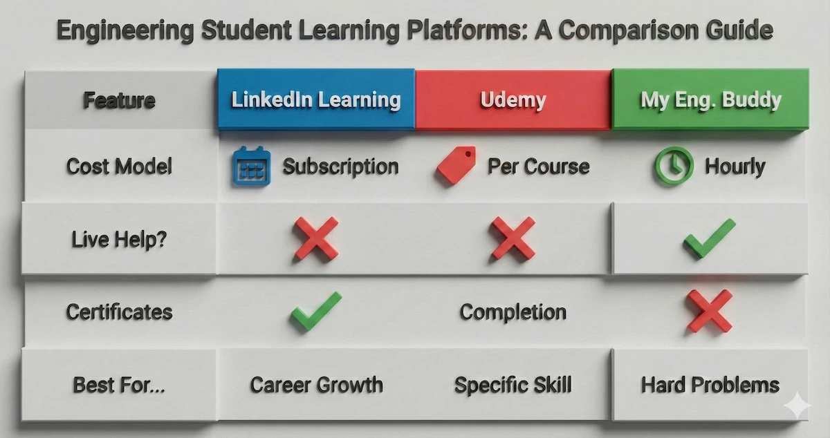 Comparison table showing differences between LinkedIn Learning, Udemy, and My Engineering Buddy regarding cost, live help, and certificates.