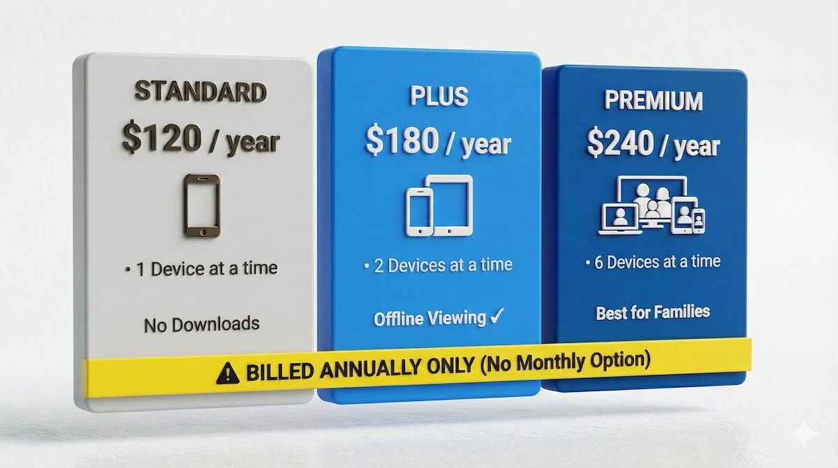 MasterClass pricing tiers infographic showing Standard ($120/yr), Plus ($180/yr), and Premium ($240/yr) plans, highlighting the annual-only billing model.