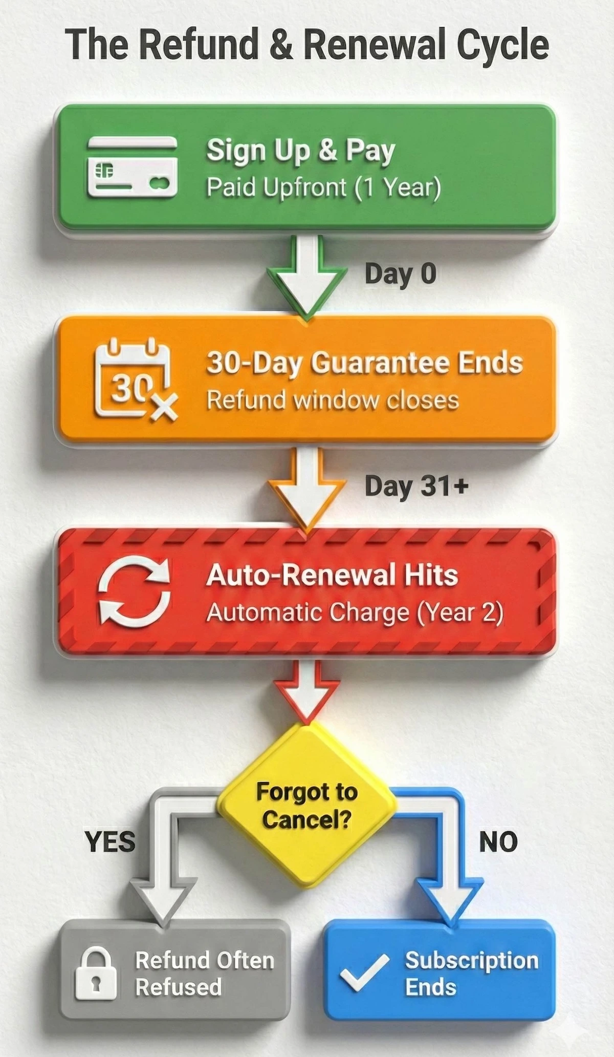 Flowchart showing the MasterClass subscription cycle: signing up, the 30-day refund cutoff, and the risk of unexpected auto-renewal charges if not cancelled.