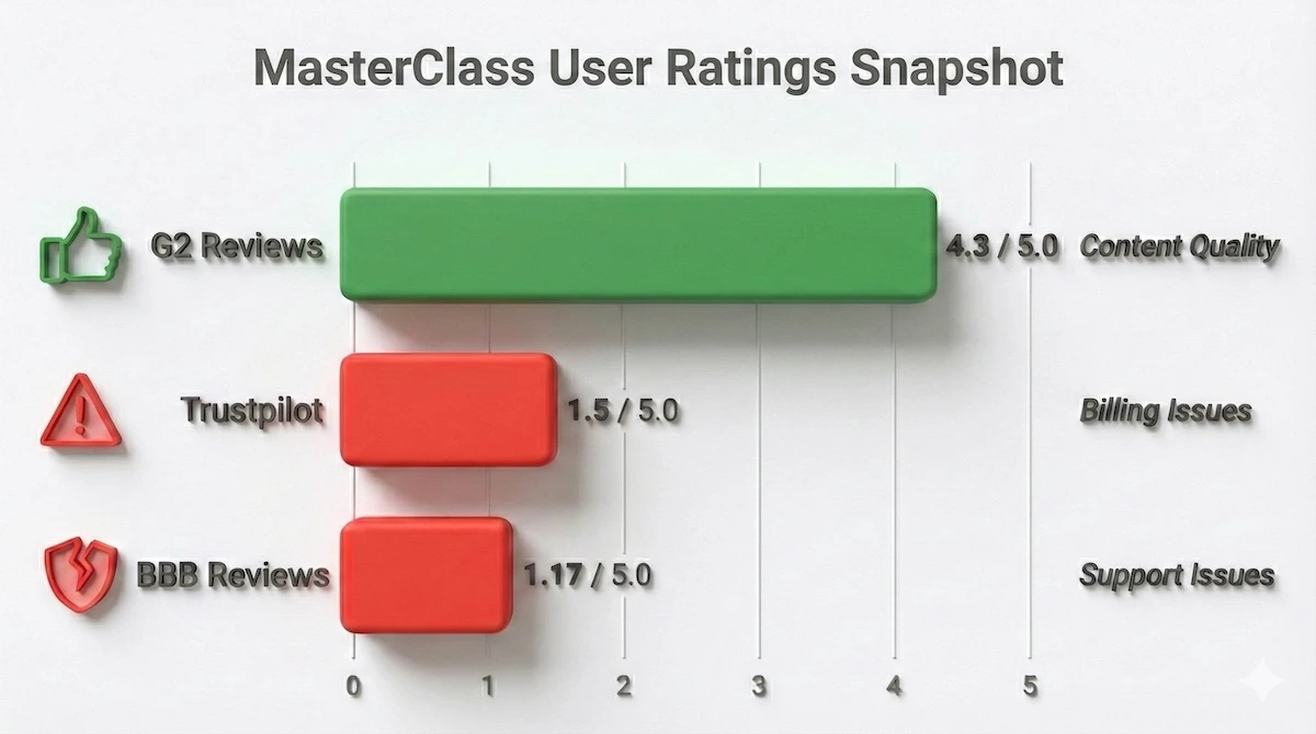Bar chart showing MasterClass ratings: G2 gives 4.3/5 for content, while Trustpilot (1.5/5) and BBB (1.17/5) show low scores due to billing issues.