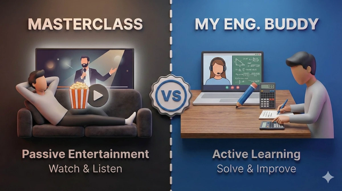 Visual comparison showing the difference between MasterClass (passive entertainment/watching) and My Engineering Buddy (active learning/problem solving).