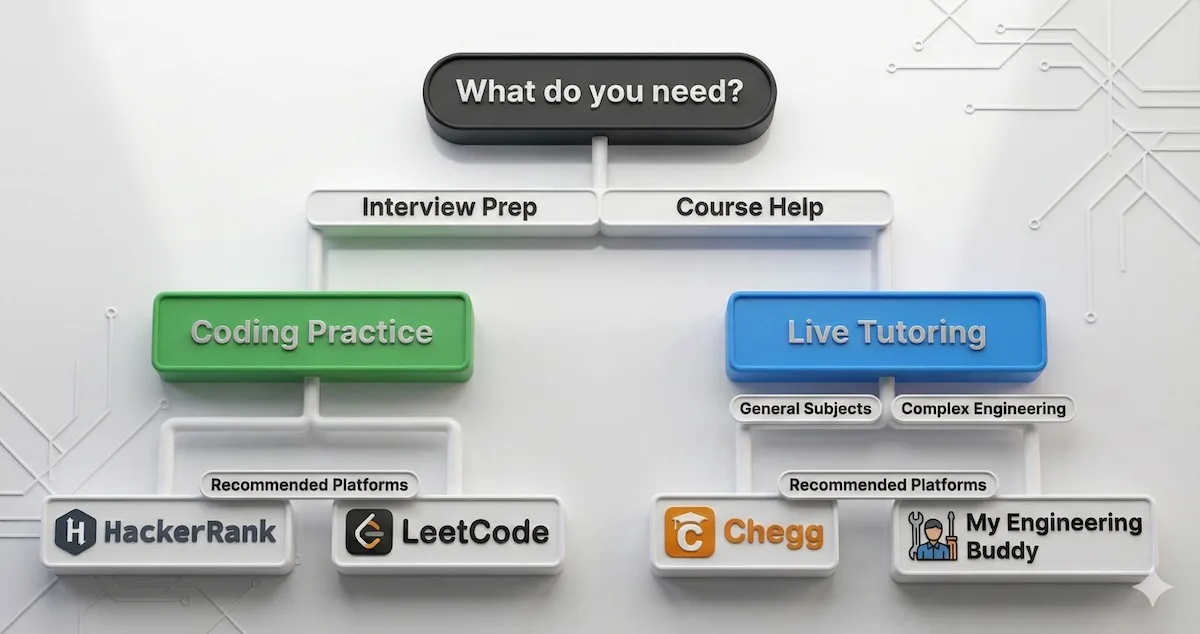 Decision tree guide: Choose HackerRank or LeetCode for interview prep; choose My Engineering Buddy for complex engineering tutoring and homework help.