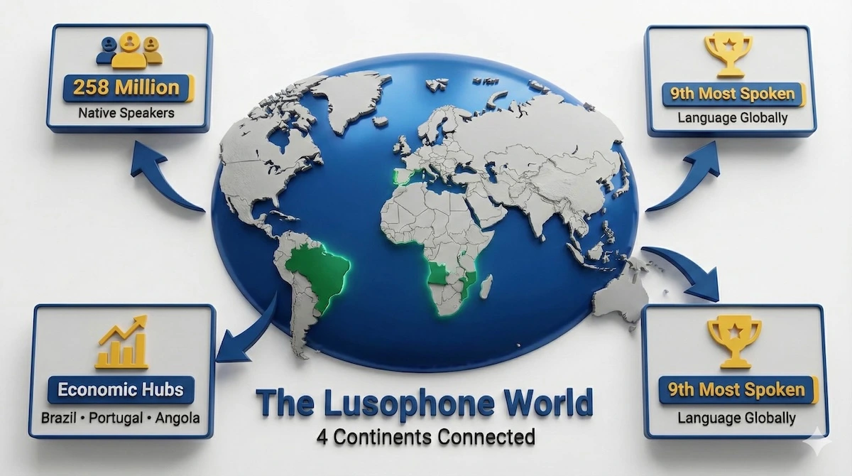 Map of Portuguese-speaking countries highlighting Brazil, Portugal, and Angola with statistics: 258 million speakers, 9th most spoken language globally.