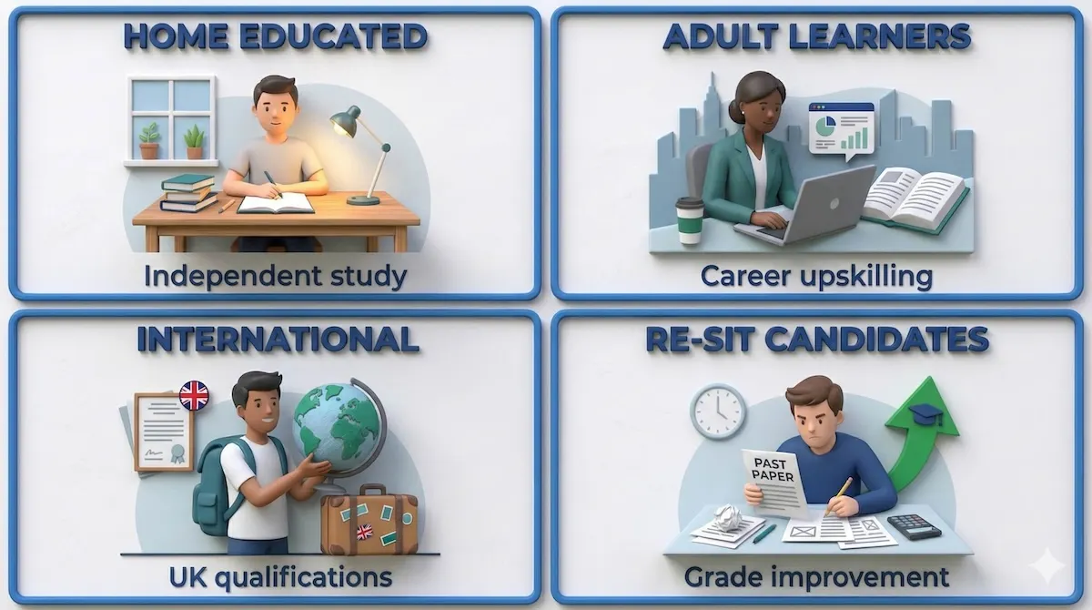 Types of private exam candidates in the UK including home-educated and adult learners