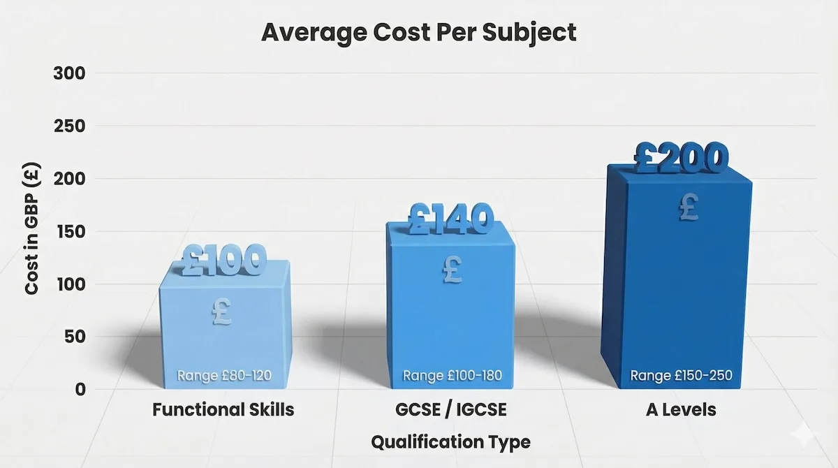 Cost comparison chart for UK private exam qualifications including GCSE and A Level