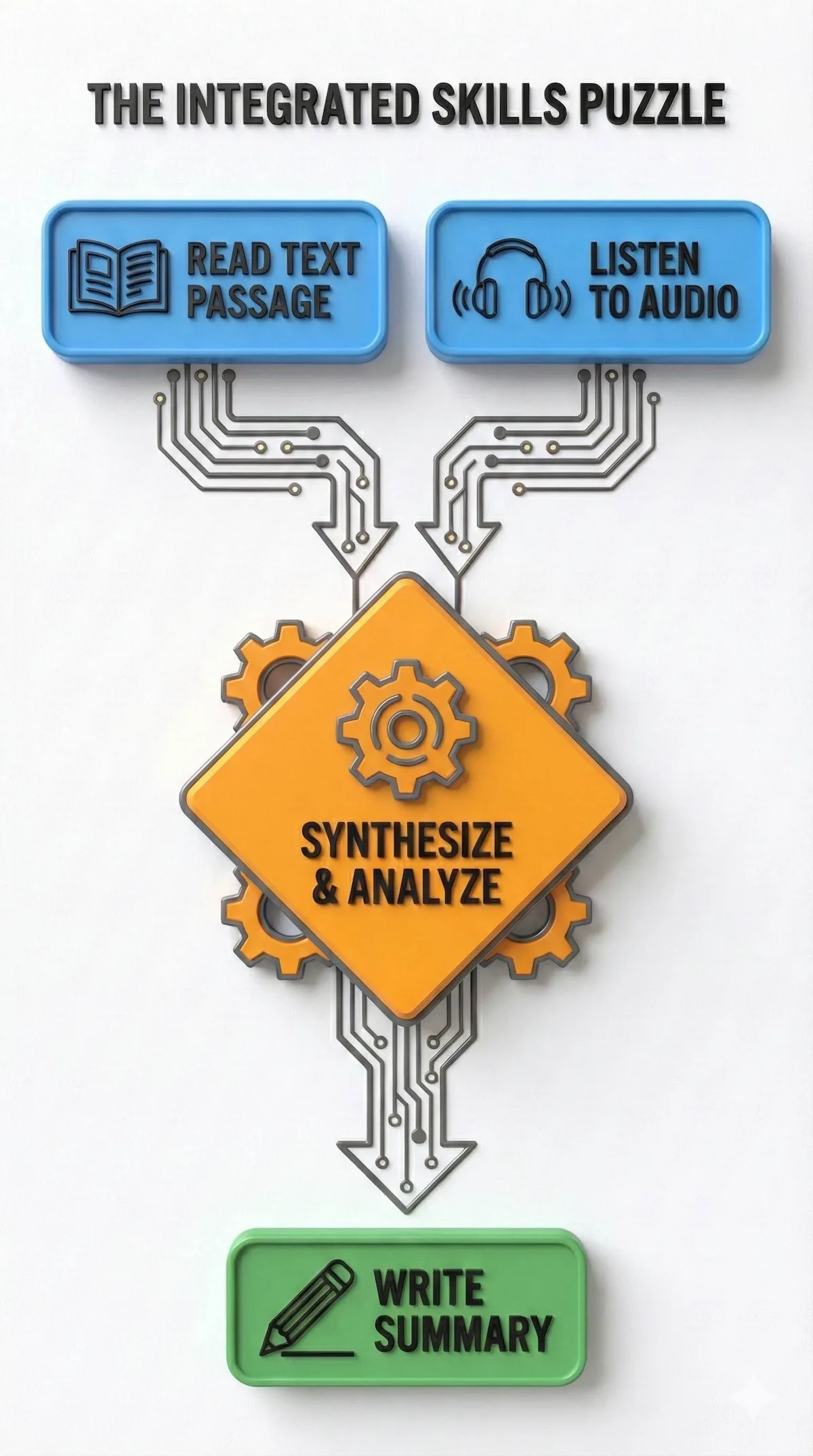Flowchart illustrating PTE integrated tasks: Reading and Listening inputs merge into Synthesis process, resulting in Written output.