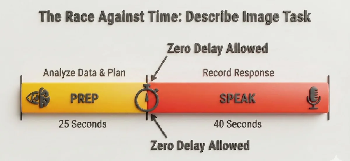 Timeline diagram of PTE Describe Image task showing 25-second preparation window followed immediately by 40-second recording window.