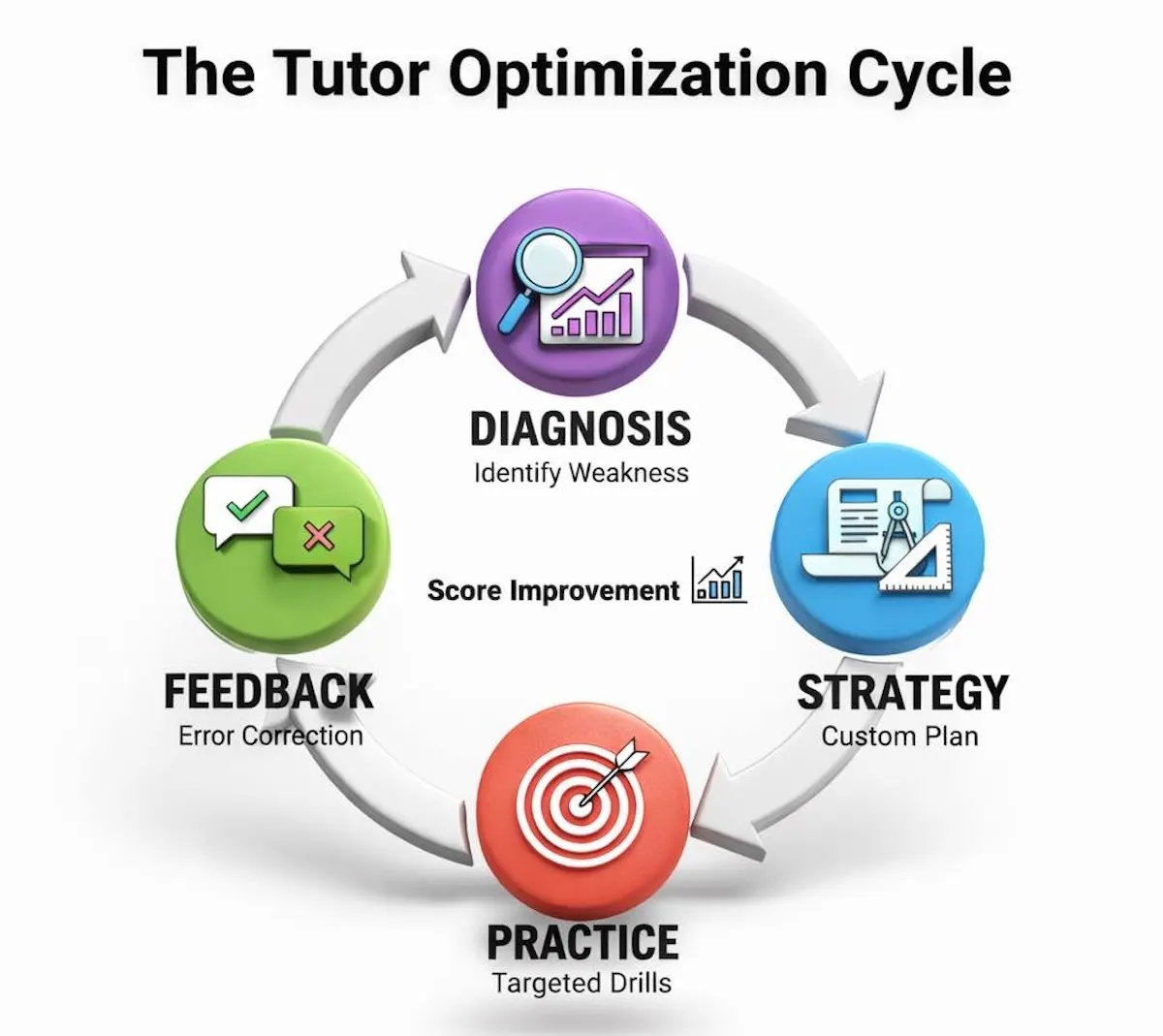 Circular feedback loop diagram showing 4 stages of tutoring: Diagnosis, Strategy, Practice, and Feedback leading to Score Improvement.
