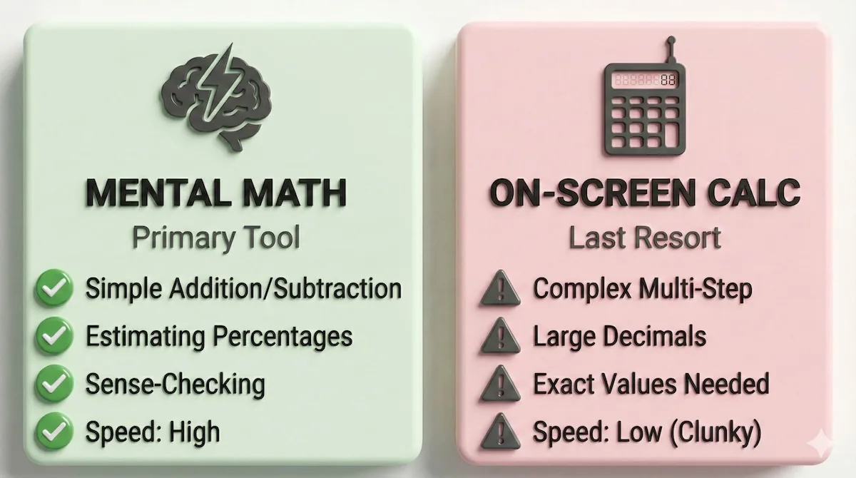Comparison of when to use Mental Math versus the On-Screen Calculator for UCAT Quantitative Reasoning to save time.