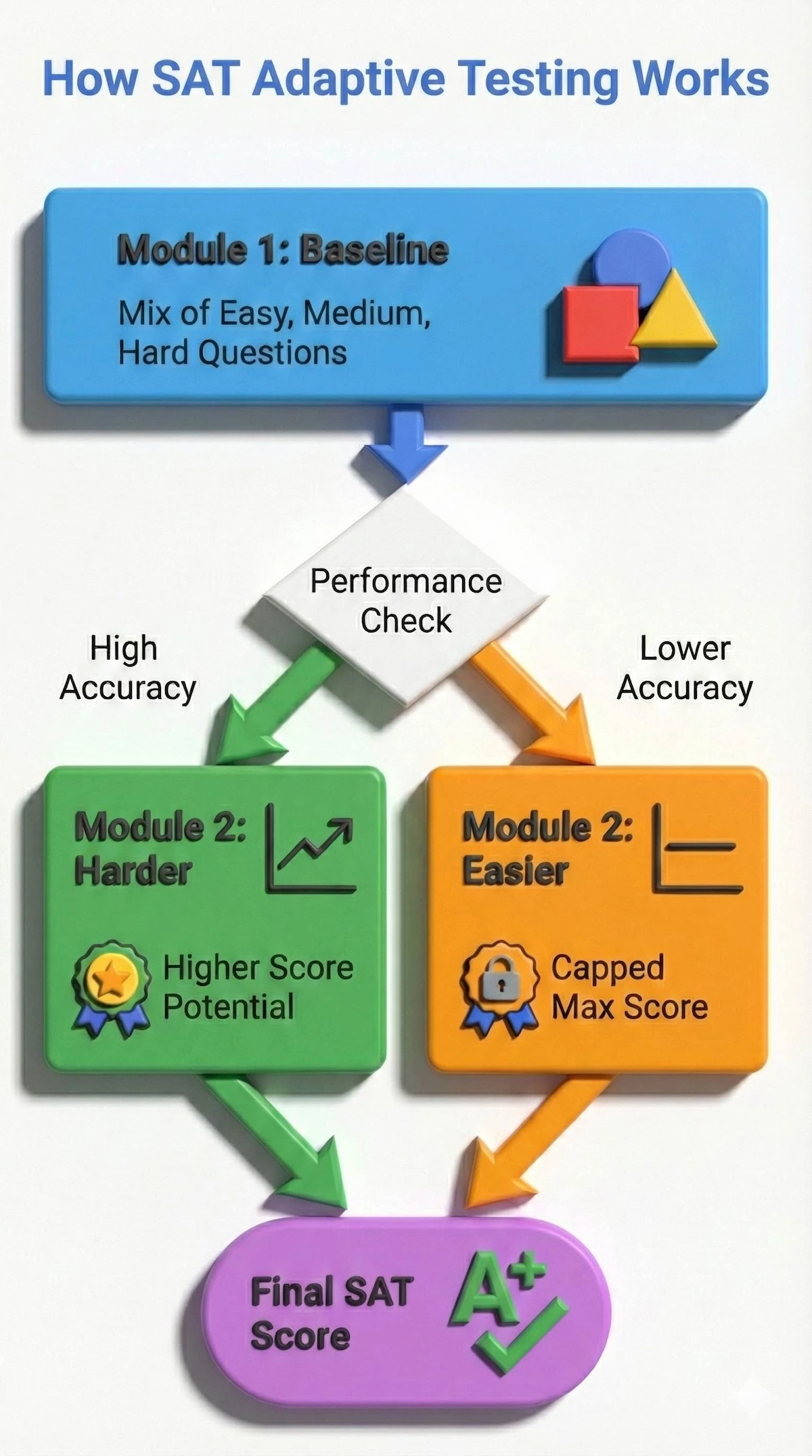 Flowchart illustrating how SAT adaptive testing works: Module 1 performance determines if Module 2 is easier or harder, affecting final score potential.