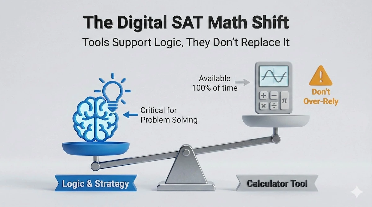 Illustration showing logic and strategy weighing more than the calculator tool on a balance scale, representing Digital SAT math requirements.