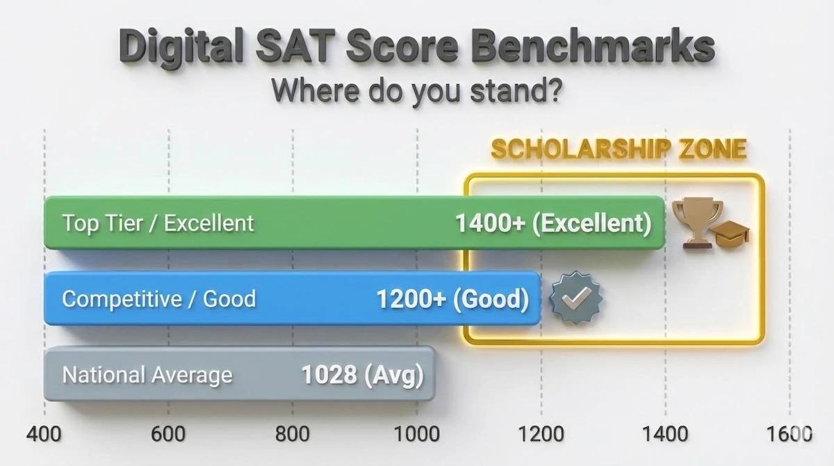 Bar chart showing SAT score tiers: National Average at 1028, Good scores at 1200+, and Excellent scores at 1400+