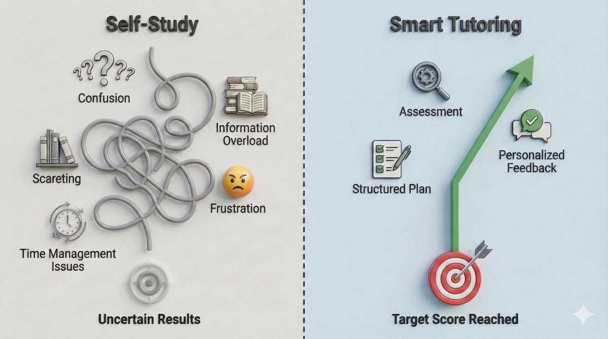 Visual comparison showing a tangled, confusing path for self-study versus a straight, direct path for expert SAT tutoring.