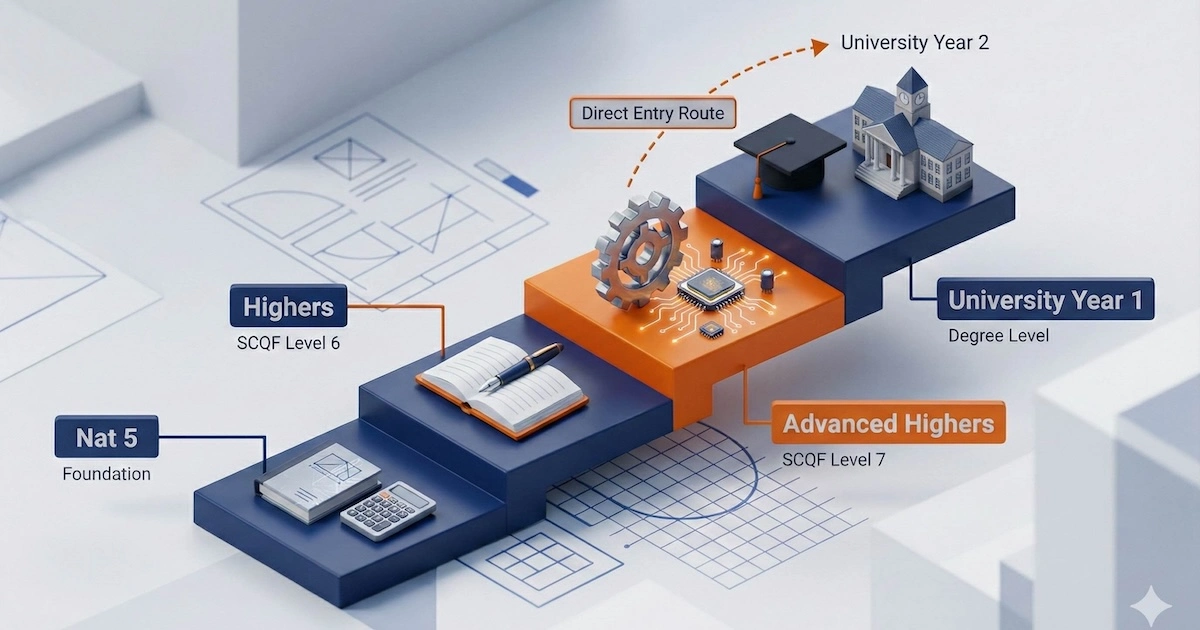 Illustration showing the Scottish education progression from National 5 to Highers to Advanced Highers, highlighting Advanced Highers as SCQF Level 7 and the gateway to University Direct Entry.